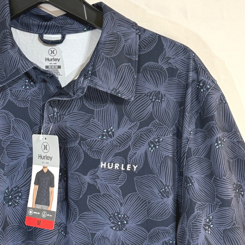 NEW Mens Hurley Golf Polo Aloha Blue Floral Shirt Quick Dry UPF 50+ Size Medium - Picture 2 of 9